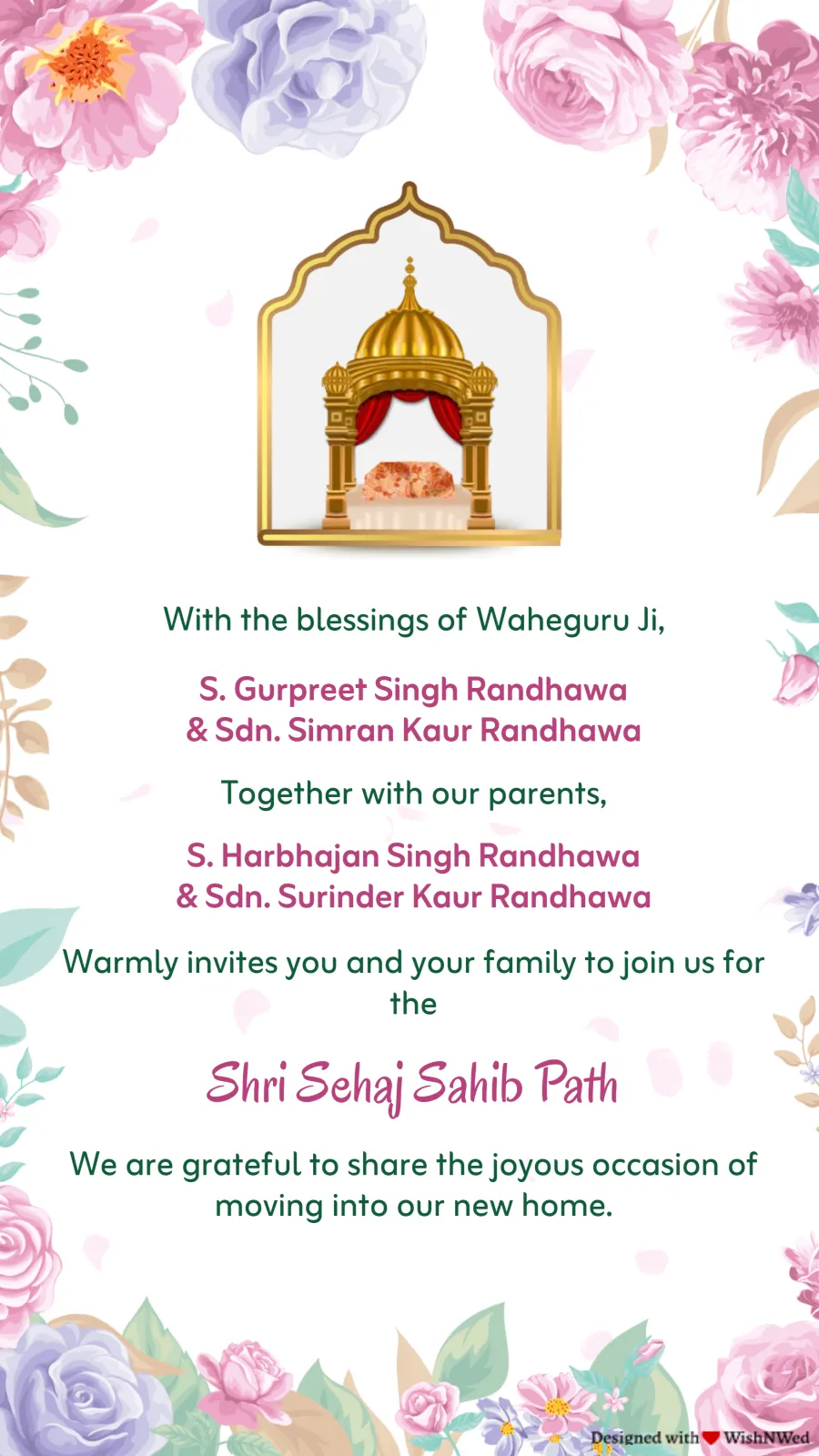 Sehaj Sahib Path Bhog Invitation