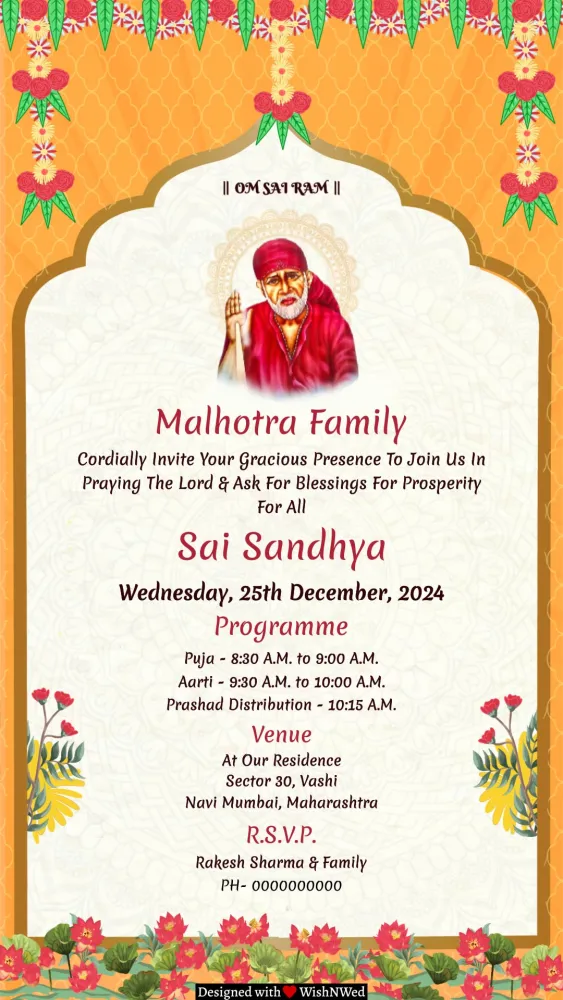 Sai Sandhya Invitation Card - Pooja & Rituals invitation template