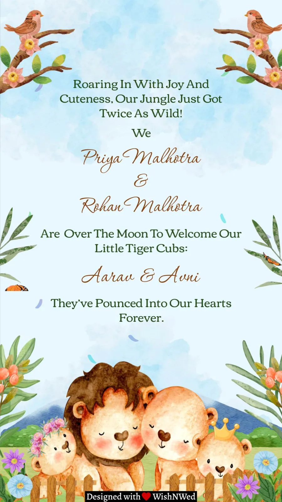 Lion Cubs Theme Twins Baby Announcement