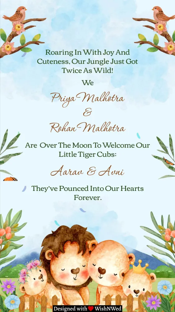 Lion Cubs Theme Twins Baby Announcement - Baby & Kids invitation template